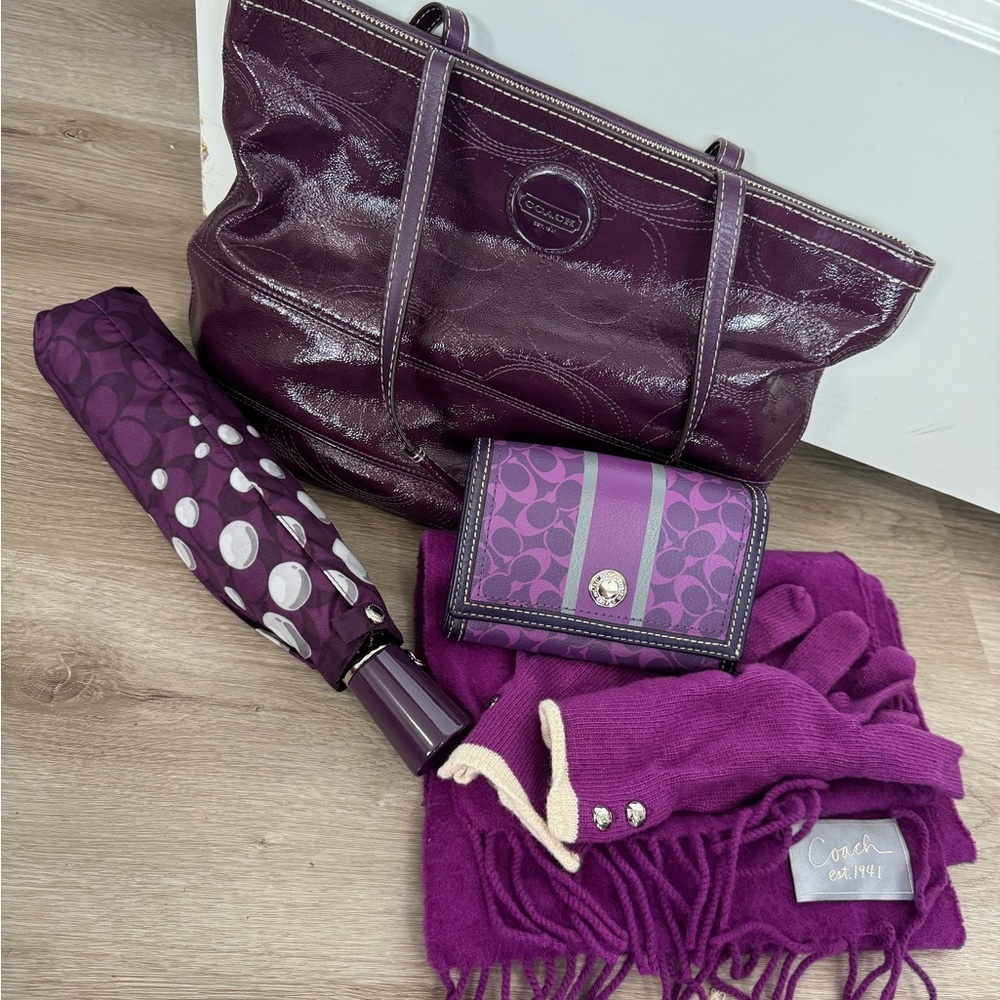 Coach RARE Purple Leather Tote + 5 Matching Accessories | Collector Set
